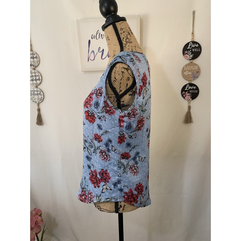 (C-87)Candie’s Women Floral Sleeveless Blouse Blue Lace Yoke Size S‎ Casual Top - Picture 4 of 10